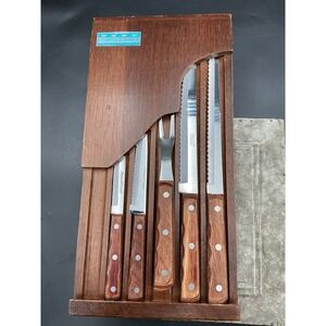 Vintage Forgecraft Washington Forge 5 Piece Knife Set with Wood Wall Block Japan